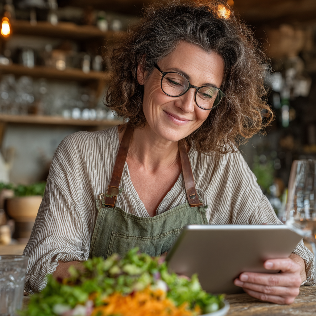 Жінка віком 55 років обирає цілі харчування на планшеті, усміхається та сидить за кухонним столом