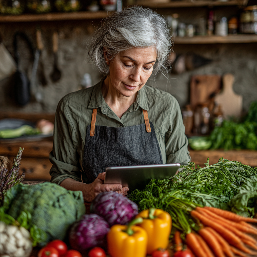 Жінка віком 54 років розглядає персоналізоване меню на планшеті, сидить за столом з здоровими продуктами