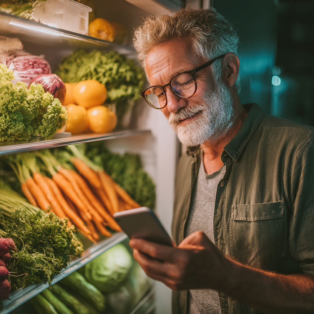 Чоловік віком 58 років переглядає персональний план харчування на смартфоні, стоїть біля холодильника з овочами