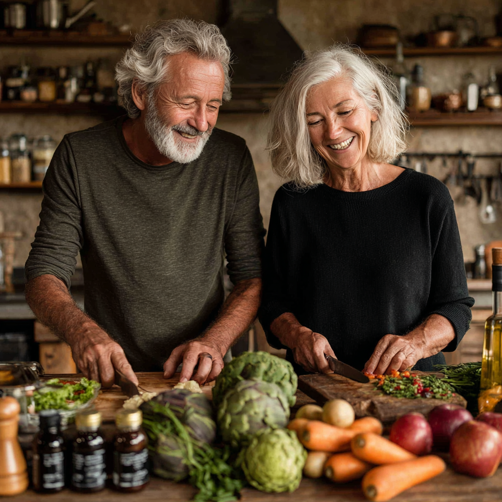 Пара віком 52-56 років готує здорову страву разом на кухні, радісно взаємодіють з продуктами та рецептами